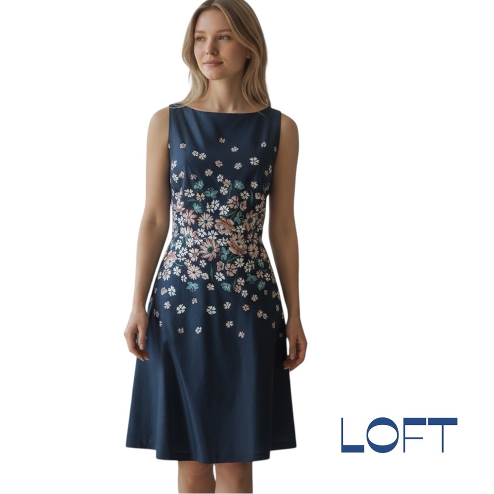 LOFT Blue Pink Floral Cotton Sleeveless Dress NWOT Size 6
